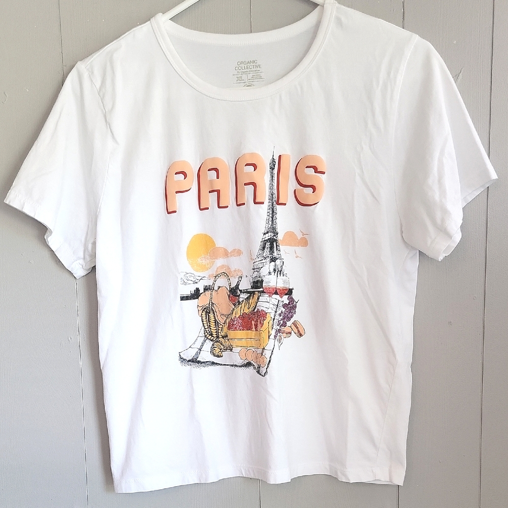 🌴 Organic Collective White Paris Graphic Cropped Top, XL🗼